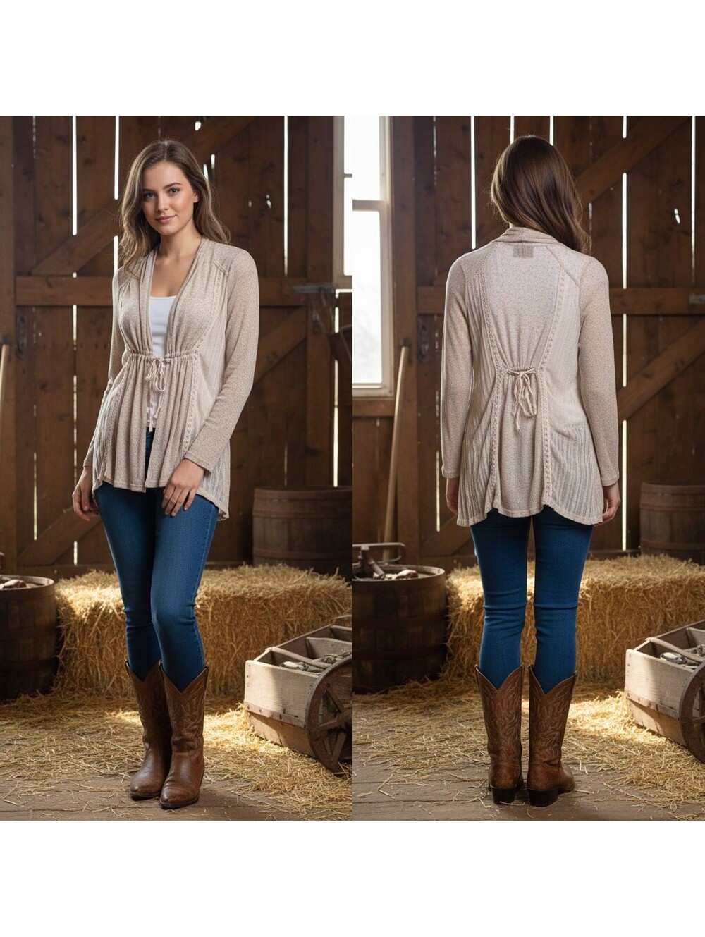 1823 - Miss Me Beige Lightweight Knit Cardigan with Drawstring Waist-Size M